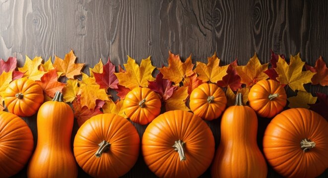 Harvest bounty autumn pumpkins squash gourds vibrant fall leaves rustic wood texture illustration