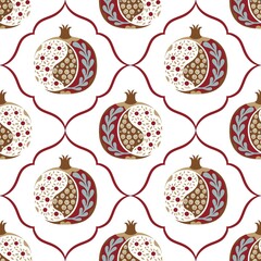 Seamless ornamental pomegranate pattern on white background