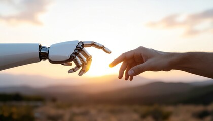Future connection Human hand and robotic arm touch at sunset, symbolizing the evolving relationship between humanity and artificial intelligence, fostering innovation and collaboration