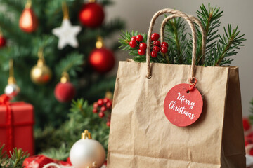 Festive Christmas background with paper bag and various decorations, top wiew.
