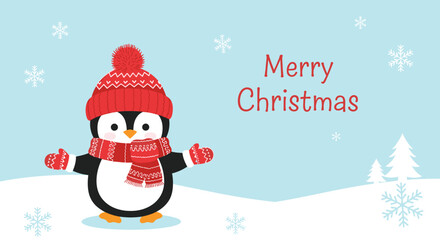 An adorable cartoon penguin in a cozy red winter hat and scarf wishes a Merry Christmas on a snowy light blue background.
