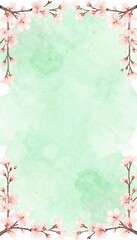 Minimal Mint Watercolor Backdrop with Gold Flecks and Cherry Blossoms
