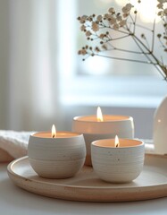 Warm and inviting ambient light from three burning candles on a wooden tray, creating a cozy and serene atmosphere with delicate floral accents