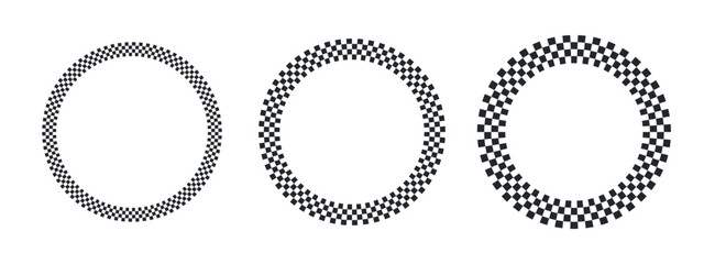  Checkered circular borders with racing flag pattern. Round frames in black and white checker design, perfect for F1-themed graphics, vintage motorsport art, and retro compositions.