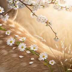 Spring Floral Frame with Deer Fur Texture Background and Cherry Blossoms
