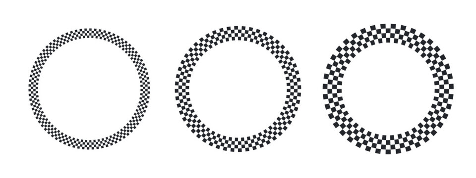  Checkered circular borders with racing flag pattern. Round frames in black and white checker design, perfect for vintage motorsport art, and retro compositions.