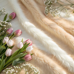 Pastel Spring Background Inspired by Rabbit Fur with Tulip Floral Border