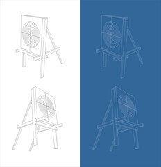 Isometric Perspective View of Archery Shooting Target and Stand Wireframe Blueprint