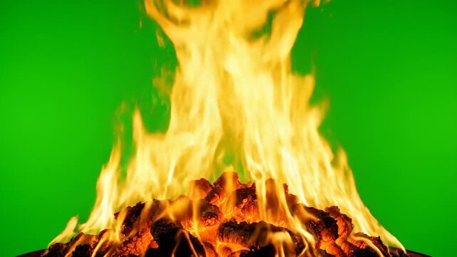 Bright Orange Flames Dance Above Glowing Embers on Green Screen Background.