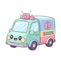 Cute medical icon featuring colorful ambulance with smiling face and heart symbol, representing hospital rescue and health care