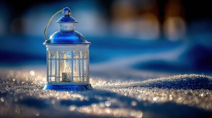 Illuminated decorative lantern rests upon glittering frosty ground during twilight
