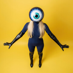 Obraz premium Female model in bizarre zentai fashion with huge eyeball mask posing on yellow background.
