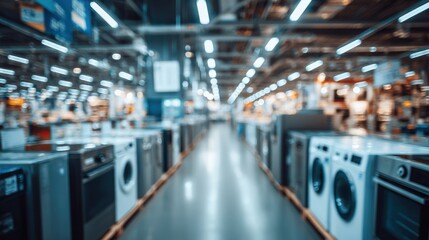 Blurred long shot of an appliance store aisle with rows of washing machines and ovens on display