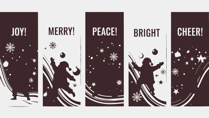 Set of five christmas banners with joyful holiday messages and silhouettes of santa claus in a whimsical snowy scene with stars and snowflakes
