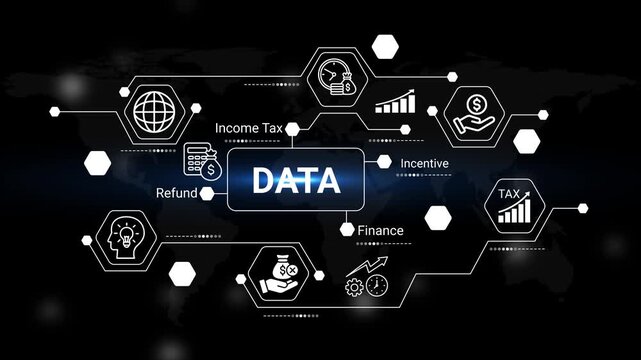 this image depicts a complex network showcasing income tax concepts data analysis financial incentives global reach and refund processes with interconnected icons high quality professional detailed