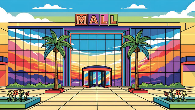 Modern shopping mall exterior with expansive glass facade and prominent main entrance, sleek contemporary architecture showcasing urban retail design, commercial lifestyle, and inviting public space