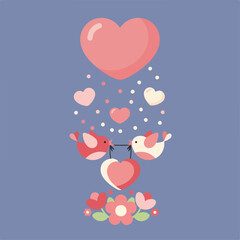 A cute illustration of two birds holding a heart banner, beneath a large heart raining smaller hearts, all above a floral arrangement.
