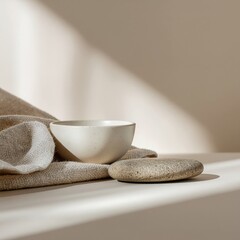 Serene Still Life Composition with Neutral Fabric, Smooth Stone, and Ceramic Bowl in Soft Sunlight