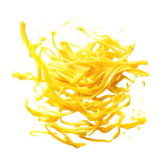 Bright yellow shredded cheese strands swirling midair on transparent background