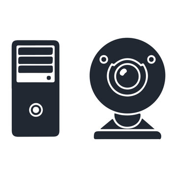 Computer tower and webcam icon set