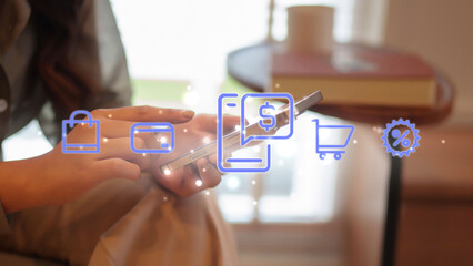 Adult hands engaging mobile shopping transactions convenient online payment discounts digital...