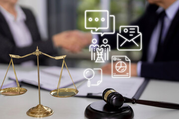 Adult legal professionals consult agreement client office environment justice scales gavel digital communication strategy research data analysis icons
