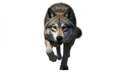 A majestic gray wolf with piercing golden eyes approaching with a focused gaze