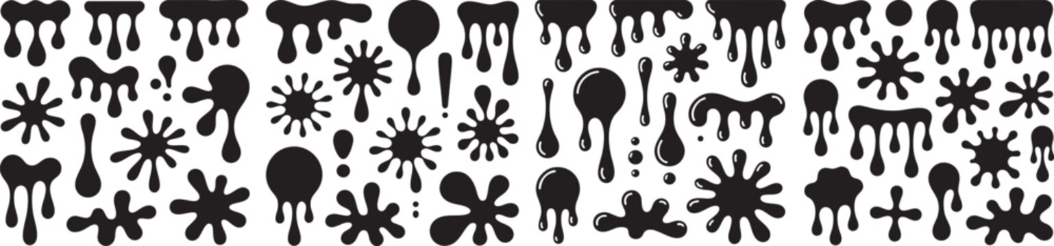 black ink splatter and dripping liquid shapes set isolated
