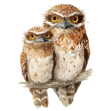 A watercolor painting of Potoo With Its Baby, vector illustration on white background.