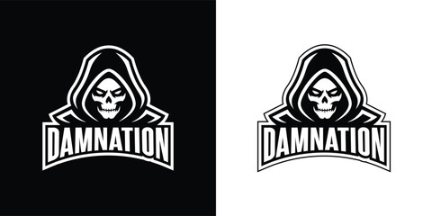 Grim reaper skull mascot logo with text damnation vector illustration