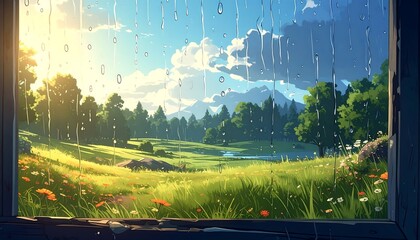 Anime style sunny field vista seen through rain-streaked window, bright, peaceful meadow, distant mountains