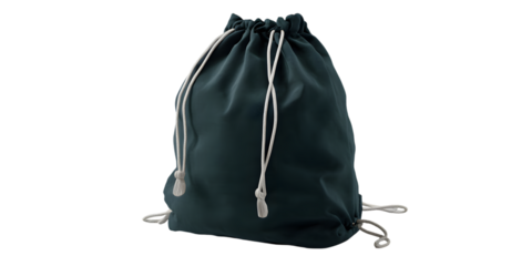 A dark green or teal drawstring bag with white straps isolated against a black background isolated on white background