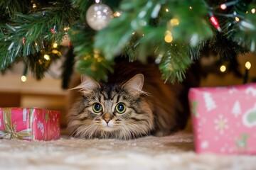 Cat hiding under a Christmas tree surrounded by colorful wrapped gifts, showcasing holiday chaos and playful curiosity in a cozy setting