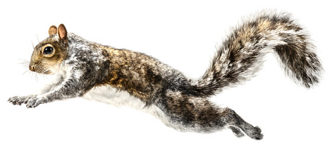 A grey squirrel in motion, captured mid-leap with a bushy tail, isolated on a black background isolated on white background