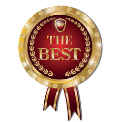 A gold medal with a red ribbon.  Vector logo with text is the best. Golden-red label icon with ribbon. The "Best" medal with gold edging and diamonds.