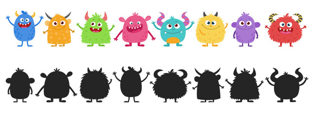 Guess the Monster. Colorful Funny Kids Creatures Collection in Flat Vector Style. Friendly Fantasy Monsters and Black Silhouettes. 