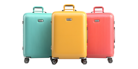 Three colorful hard-shell suitcases in a row for a stylish travel experience isolated on white background