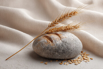 Rustic Round Bread Loaf On Stone With Wheat Stalks