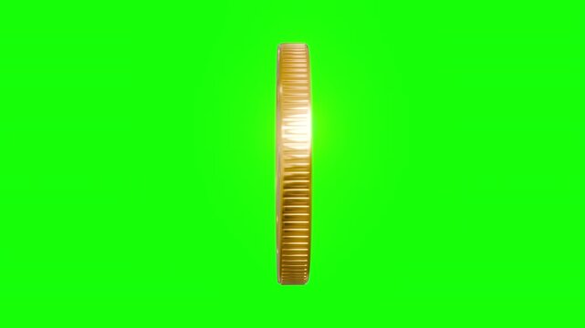 Golden coin rotation isolated on green screen and alpha channel. 3d seamless loop animation high quality for finance.