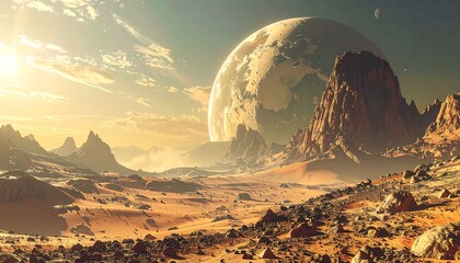 Arid landscape featuring rugged mountains, rocky terrain, and an expansive planet dominating the sky, bathed in golden sunlight