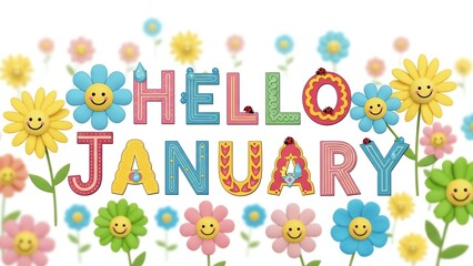 Fototapeta premium Hello January text with flowers and ladybugs
