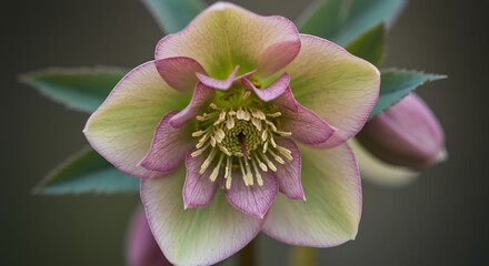 淡いピンクと緑のクリスマスローズが柔らかい光の中で優雅に咲く繊細な花びら美しいクローズアップ. AI Generated