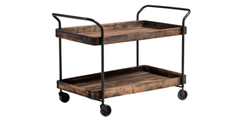 Rustic industrial two-tier serving cart with distressed wood finish and metal frame isolated on white background