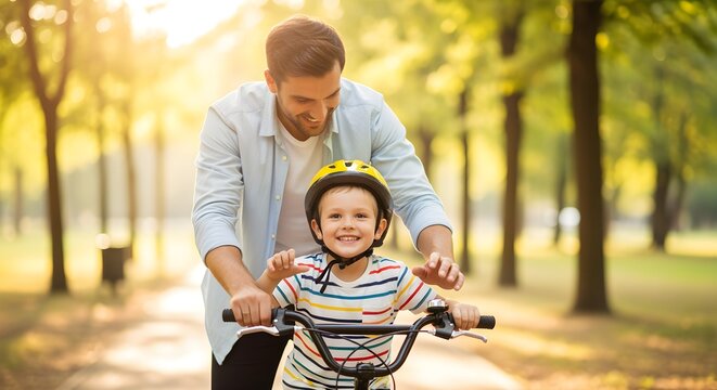 Happy father teaching his son to ride a bicycle in a sunny park. - Powered by Adobe