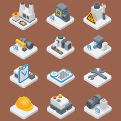 These isometric illustrations depict a collection of twelve industrial, manufacturing, and maintenance-related icons, including factories, machinery, tools, and safety equipment.