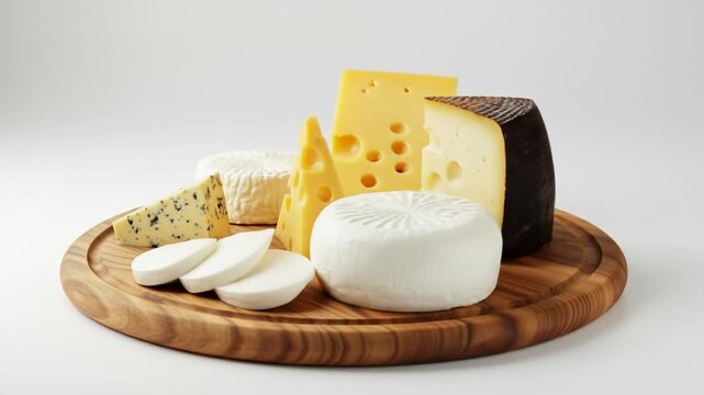 A variety of cheeses including Swiss, blue-veined, goat, and mozzarella arranged on a wooden board