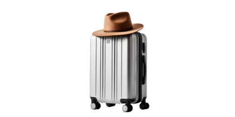 Silver travel suitcase with a stylish fedora hat on top, ready for an adventure isolated on white background