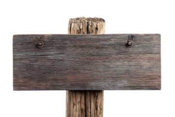 A blank weathered wooden sign on a post isolated on a black background isolated on white background