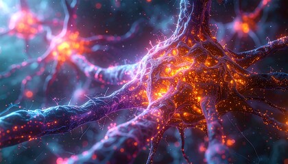 Abstract neural network. Glowing nodes interconnected by neural pathways in a complex, digital landscape