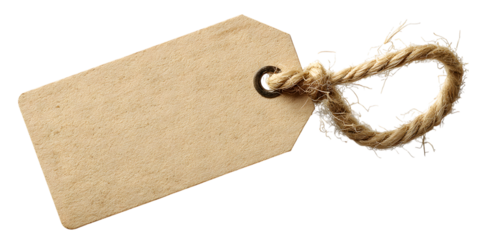 Vintage brown paper tag with a rustic string loop isolated on a black background isolated on white background